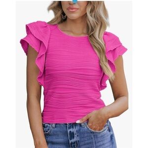 SHEWIN Womens Casual Crewneck Ruffle Short Sleeve Blouses. Pink. Size XL